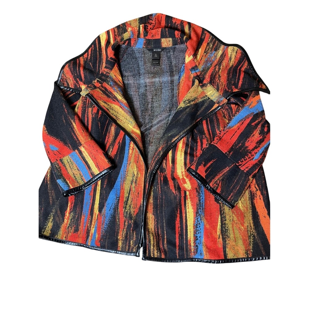 Ali Miles Abstract Brushstroke Faux Leather Trim Open Front Cardigan Jacket‎ PL